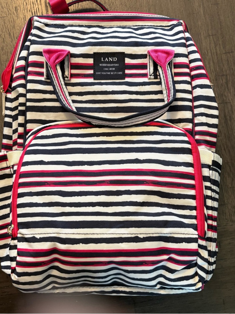 LAND Navy & White Striped Baby Bag with Pink Trim